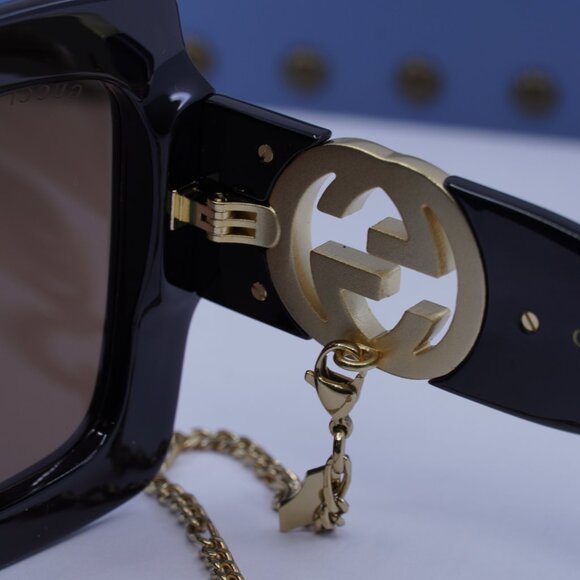 Gucci GG1022S 005 Square Sunglasses - Black/Brown with Gold Chain - Picture 9 of 11